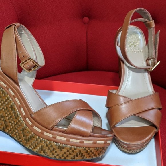 Vince Camuto Tan & Brown Leather Wedge Sandals - Picture 5 of 6